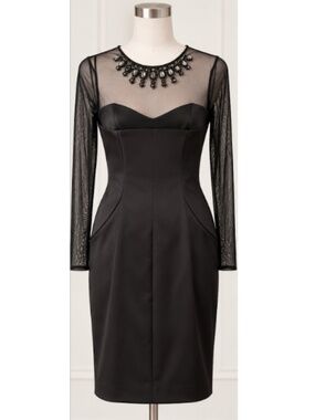 DAVID MEISTER Black Cocktail Dress | sheer neckline with jewel embellishment